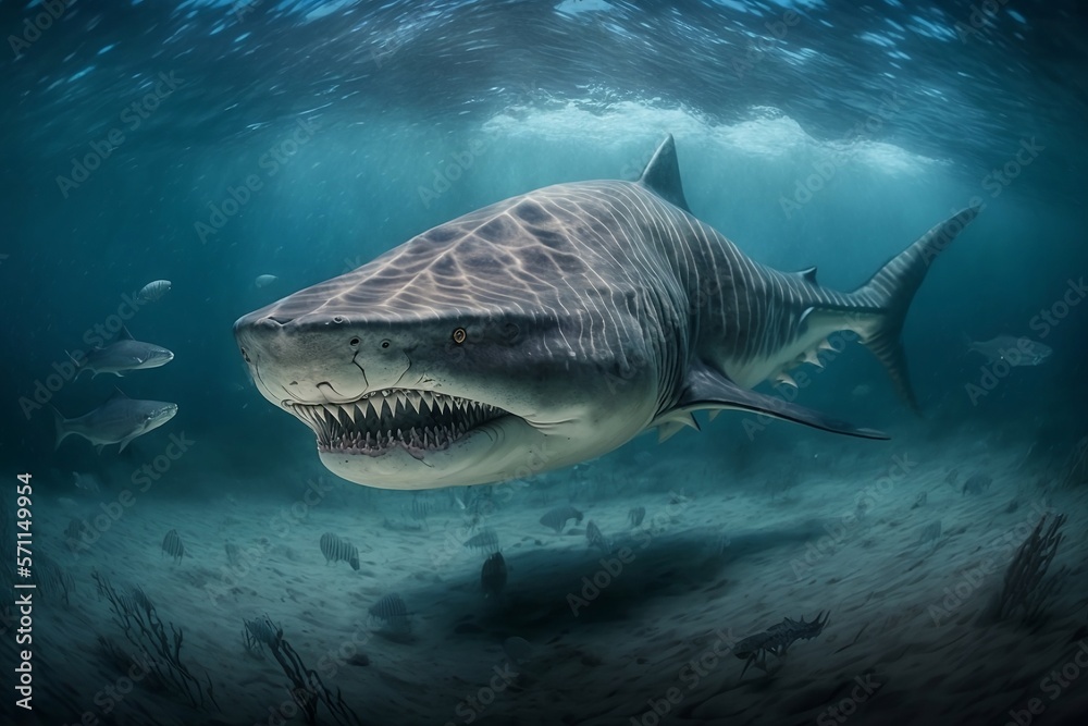 Naklejka premium The Danger Lurking Beneath: A Shark's Slow Stalk