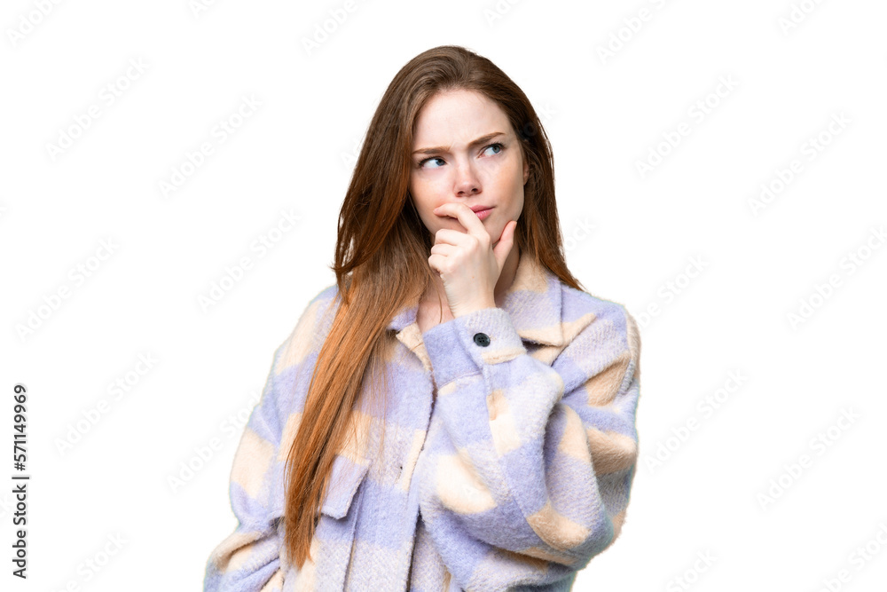 Young pretty woman over isolated chroma key background having doubts and with confuse face expression Young pretty woman over isolated chroma key background having doubts and with confuse face expression