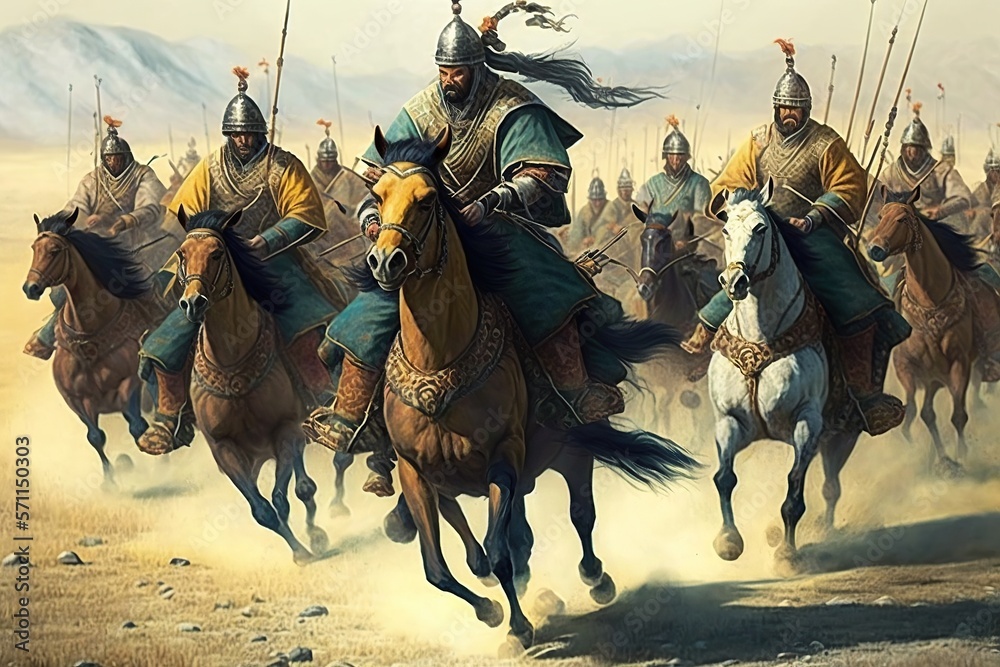 Mongolian army led by Genghis Khan. Ancient cavalry of armed horseback ...