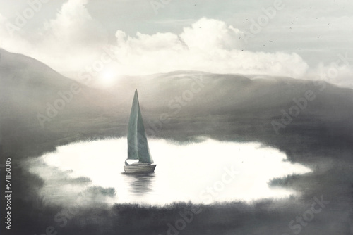 Φωτογραφία Illustration of sail boat navigating in a pond, surreal abstract concept