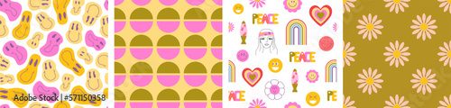 Set of retro groovy hippie seamless patterns, Y2k, positive vibes, trippy. Digital paper. Abstract.