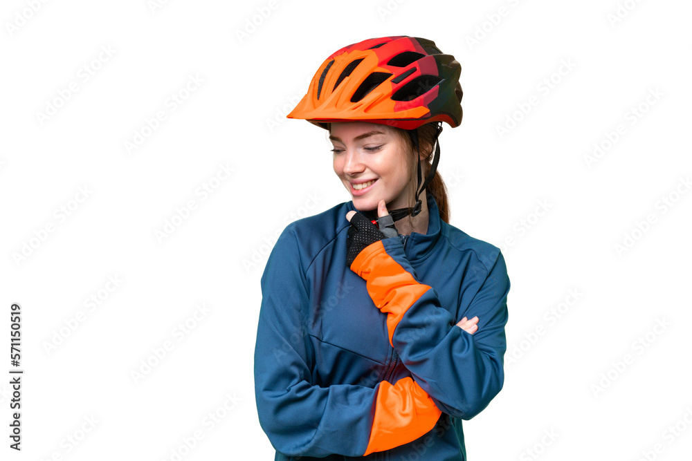 Young cyclist woman over isolated chroma key background looking to the side - obrazy, fototapety, plakaty 