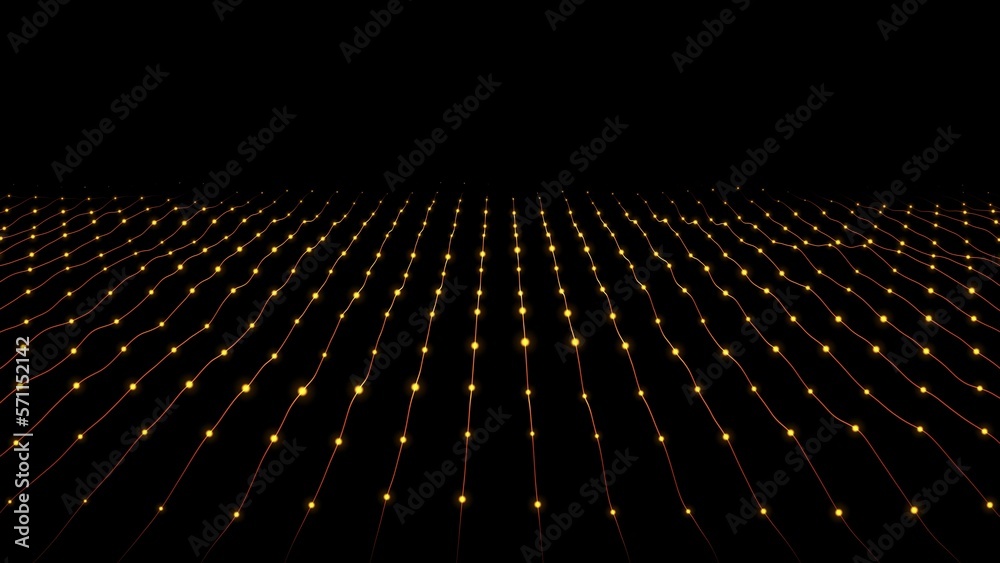 Obraz premium Abstract yellow shiny glowing lines rays of energy and magical waves from particles and dots, abstract background. 3D rendering