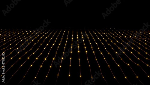 Abstract yellow shiny glowing lines rays of energy and magical waves from particles and dots, abstract background. 3D rendering