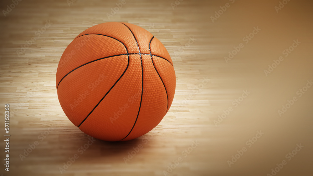Basketball on spotlit parquet surface. 3D illustration
