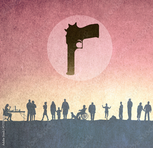 Illustration of people living under handgun symbolizing lack of gun control