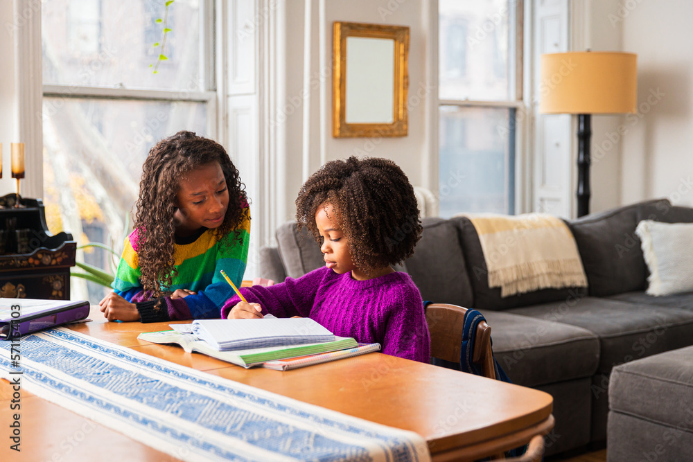 Girl assisting sister in doing homework at table in living room Girl assisting sister in doing homework at table in living room