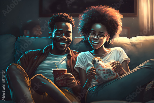 A black handsome couple watching netflix, a film or TV on their couch/sofa, slaughing and enjoying themselves, portrait, painting style, eating popcorn and being close and romantic in a sweet evening photo