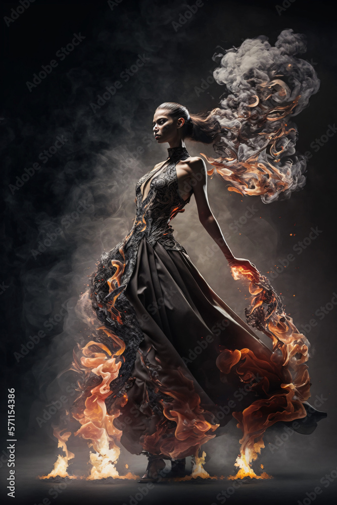 Woman wearing dress made of magma and fire. Designed using generative ai. 