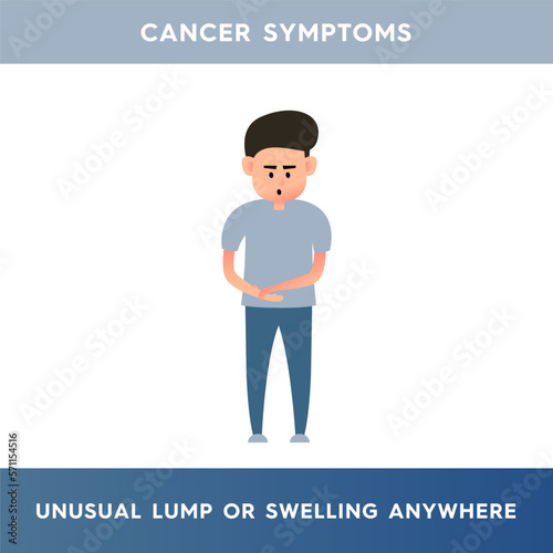 Vector illustration of a frightened man who examines his hand. The man found a tumor on his arm. Symptoms of lipoma, cyst, tumor and cancer. Illustration for medical articles, posters, stands.