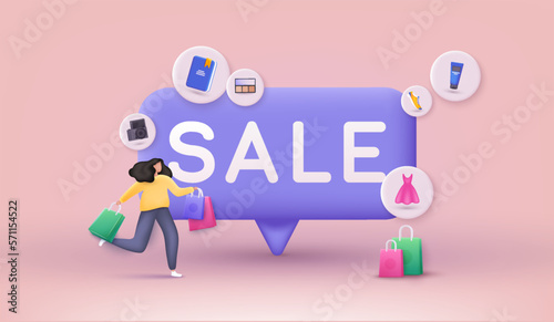 People Character shop at an store. Discount banner design. Online shopping concept. 3D Web Vector Illustrations.