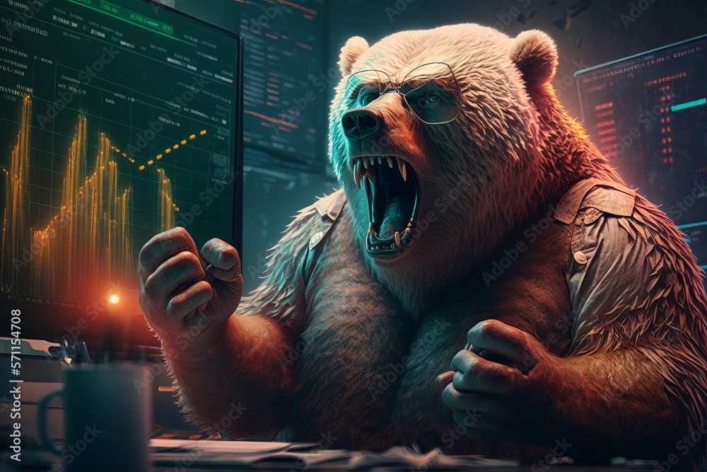 Angry Bear trading with computer, Bearish in Stock market and Crypto currency. Generative Ai - obrazy, fototapety, plakaty 