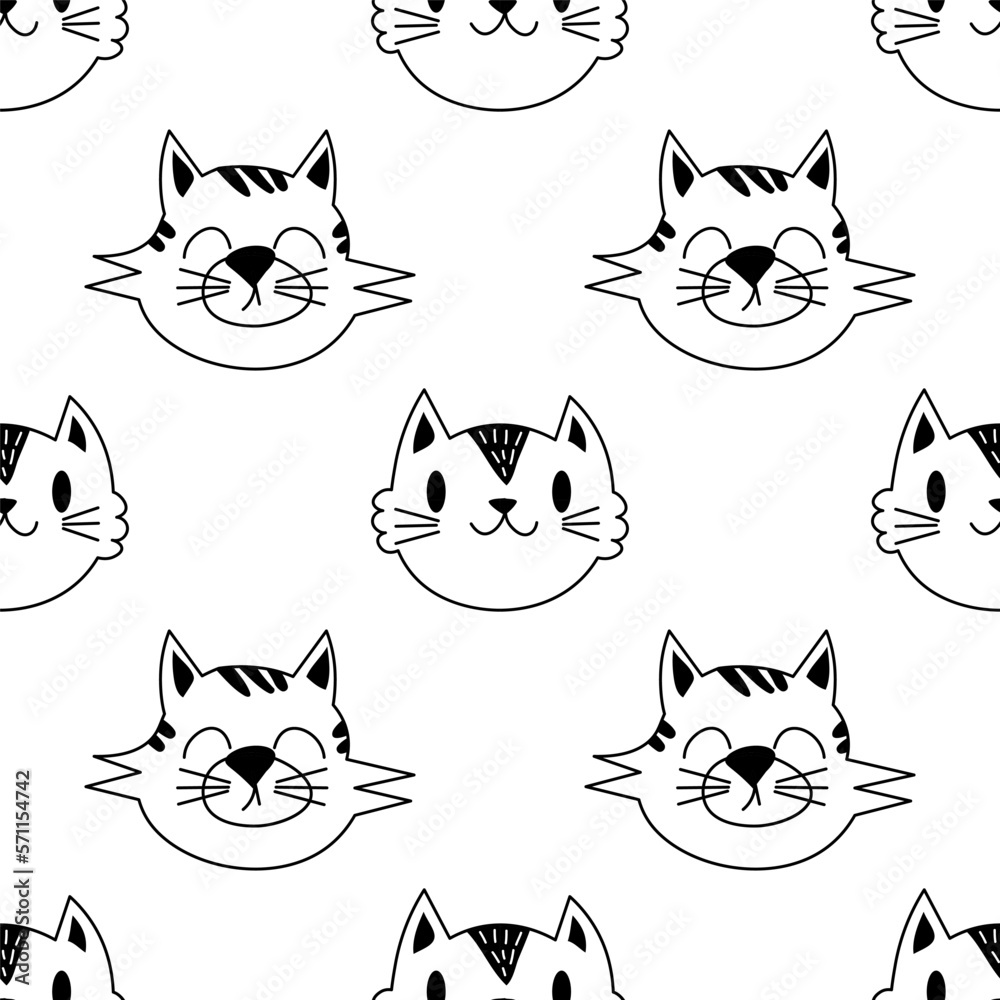 Black and white seamless pattern with cat faces for kid clothing, baby shower, wrapping paper. EPS