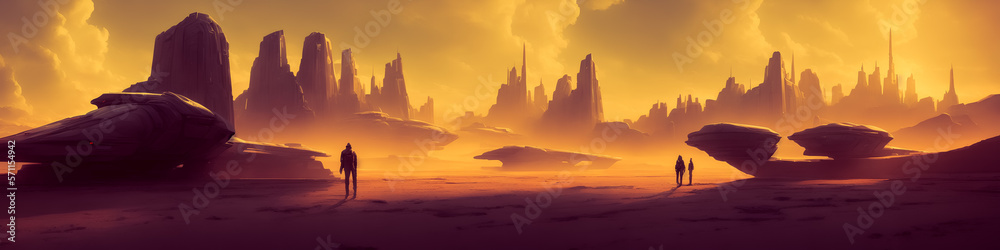 Panoramic view of a planet featuring alien structures, sci-fi landscape.. Generative AI