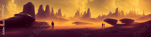 Panoramic view of a planet featuring alien structures  sci-fi landscape.. Generative AI