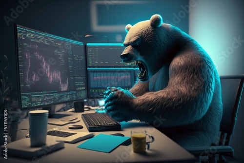 Angry Bear trading with computer, Bearish in Stock market and Crypto currency. Generative Ai