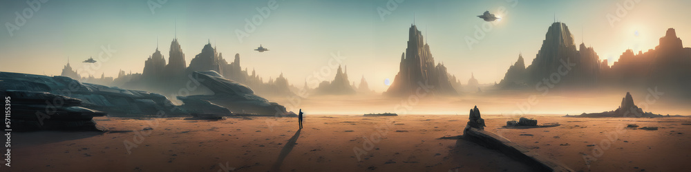 Panoramic view of a planet featuring alien structures, sci-fi landscape.. Generative AI
