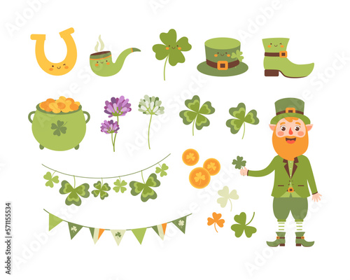St. Patrick's day festive elements and characters. Leprechaun, Leprechaun hat, golden coins, clover, horseshoe. Vector collection of Irish holiday symbols and elements. 