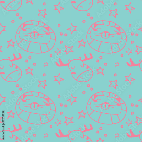 Seamless pattern with cute animals. lion, deer Vector illustration EPS