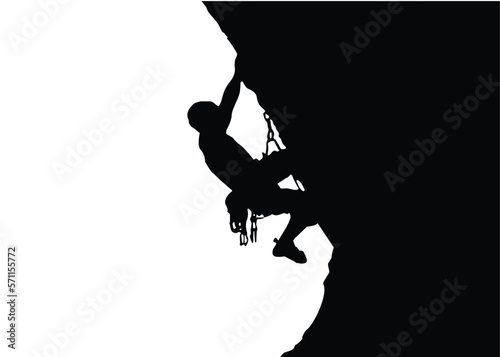 Man climbing rock overhang  Mountains  Silhouette of climber with green background. Illustration.