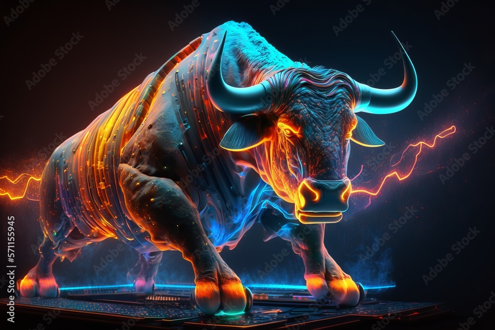 Angry Bull trading with computer, Bullist in Stock market and