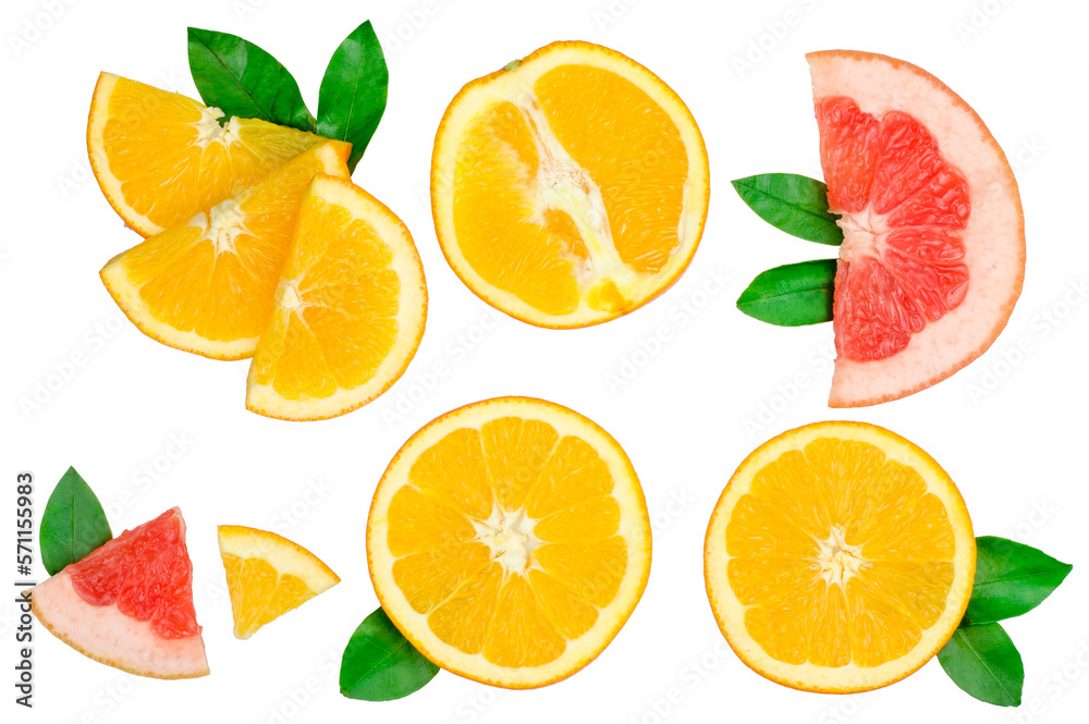 Slices of orange and grapefruit isolated on white, top view Slices of orange and grapefruit isolated on white, top view