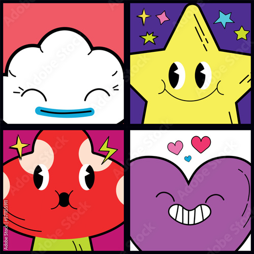 Card set Star and poison mushroom, trippy power characters, groove hearts, retro fun daisy, fashion 60s style, botanical elements vector illustration EPS