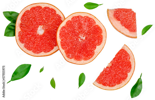 Slices of grapefruit isolated on white  top view flat lay