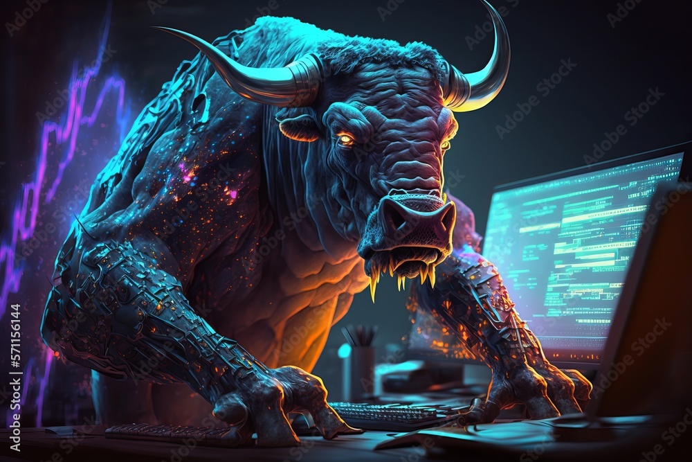 Angry Bull trading with computer, Bullist in Stock market and Crypto currency. Generative Ai - obrazy, fototapety, plakaty 