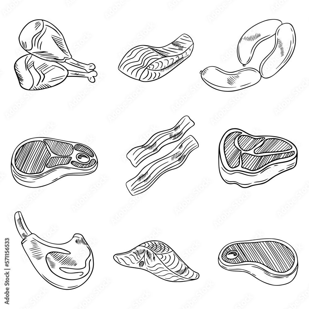 Set of grilled meat steaks, fish steaks and fish fillet. Vector illustration. Isolated objects on white.. Set of grilled meat steaks, fish steaks and fish fillet. Vector illustration. Isolated objects on white..