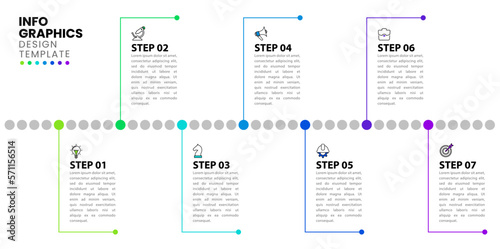 Infographic template. Horizontal timeline with dots and 7 steps