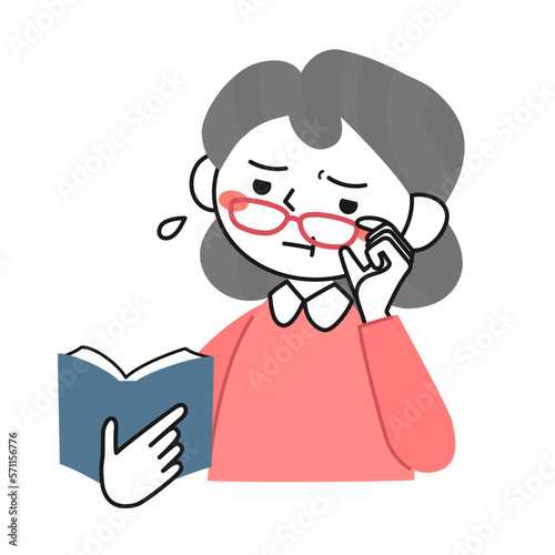 老眼のため活字が見えにくくて困るシニア女性