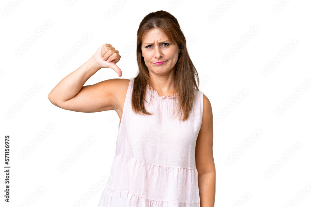 Middle age woman over isolated background showing thumb down with negative expression Middle age woman over isolated background showing thumb down with negative expression