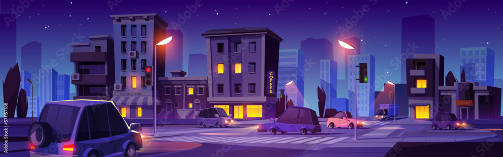 Night city street crossroad scene with car traffic. Evening in town with lamp light on road cartoon vector background. Dark house with apartment and coffee shop. Urban panorama view.