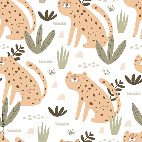 Seamless pattern with leopards, plants, decor elements. colorful vector for kids. hand drawing, flat style. baby design for fabric, print, textile, wrapper