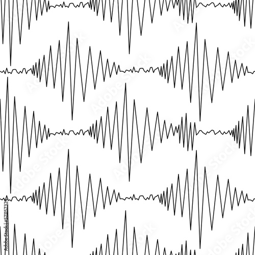 Seismogram. Recording earthquake shock activity. seismograph data. Seamless vector pattern. Outline on isolated background. Endless zigzag line. Sound wave.