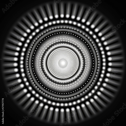 White radiation concentric cirles on black background, ai