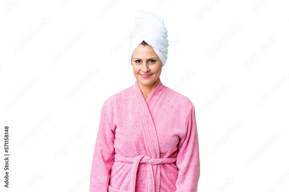 Middle age caucasian woman in a bathrobe over isolated background laughing Middle age caucasian woman in a bathrobe over isolated background laughing