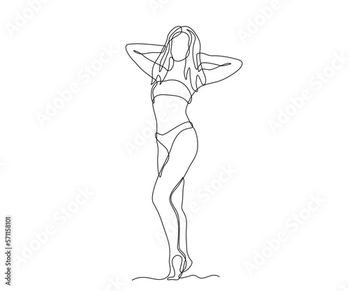 abstract girl, a woman without a face, who stands beautifully in a swimsuit or underwear with her hands behind her head, hand-drawn, continuous mono line, one line art, contour drawing