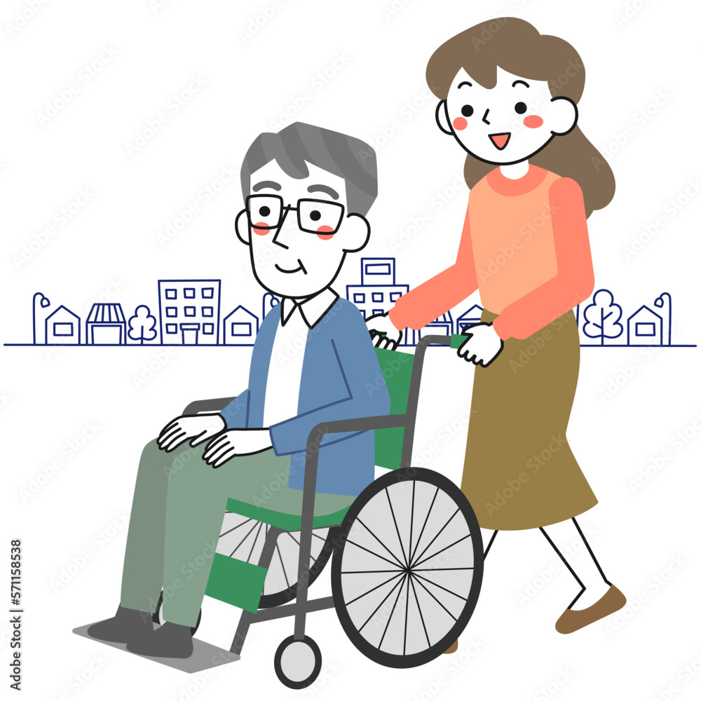 車椅子に乗ったシニア男性とそれを押す若い女性 車椅子に乗ったシニア男性とそれを押す若い女性