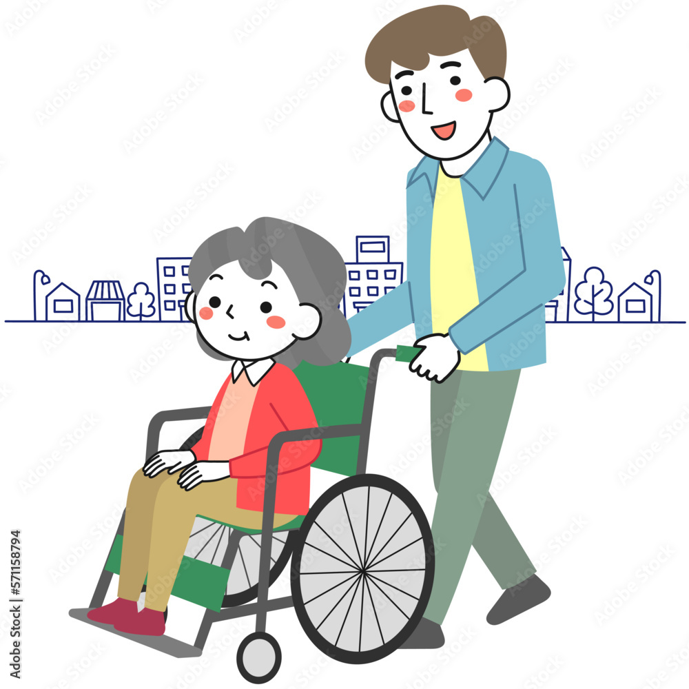車椅子に乗ったシニア女性とそれを押す若い男性 車椅子に乗ったシニア女性とそれを押す若い男性