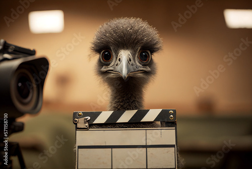 Animal movie audition ostrich pet portrait with clapperboard, funny realistic acting character. Generative AI photo