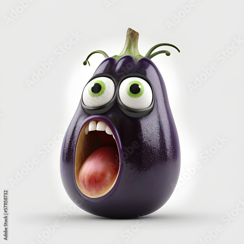 funny eggplant cartoon, isolated on white background, eggplant screaming, vegetable with human face, Illustration of a vegetable - AI Generative