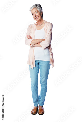 A full length of a cheerful middle age woman in grey hair with her hands crossed isolated on a png background.
