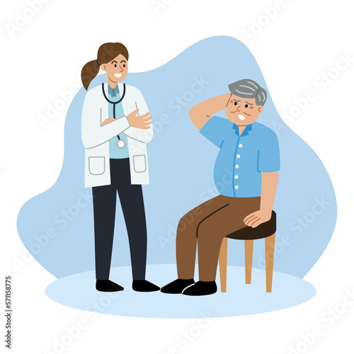 Female doctor is diagnosing elderly male patients.