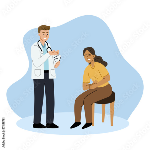 Male doctor diagnosing female patient having abdominal pain