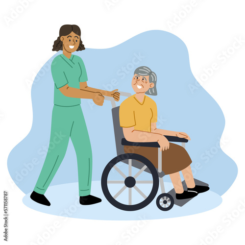 A female doctor or nurse is pushing a wheelchair for an elderly female patient.