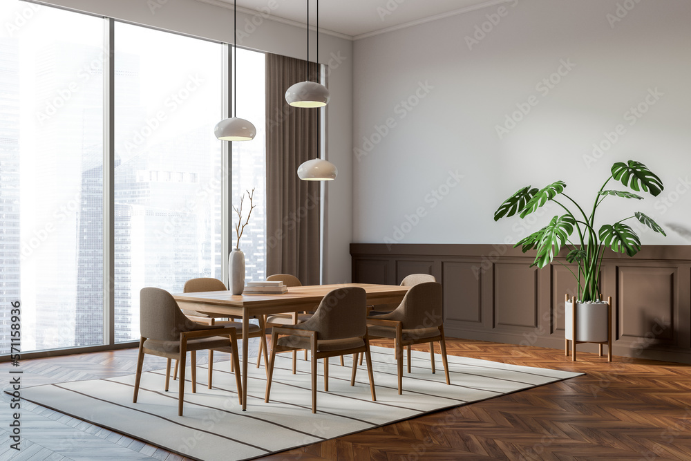 Fototapeta premium Light eating room interior with dinner table and seats, window. Mockup