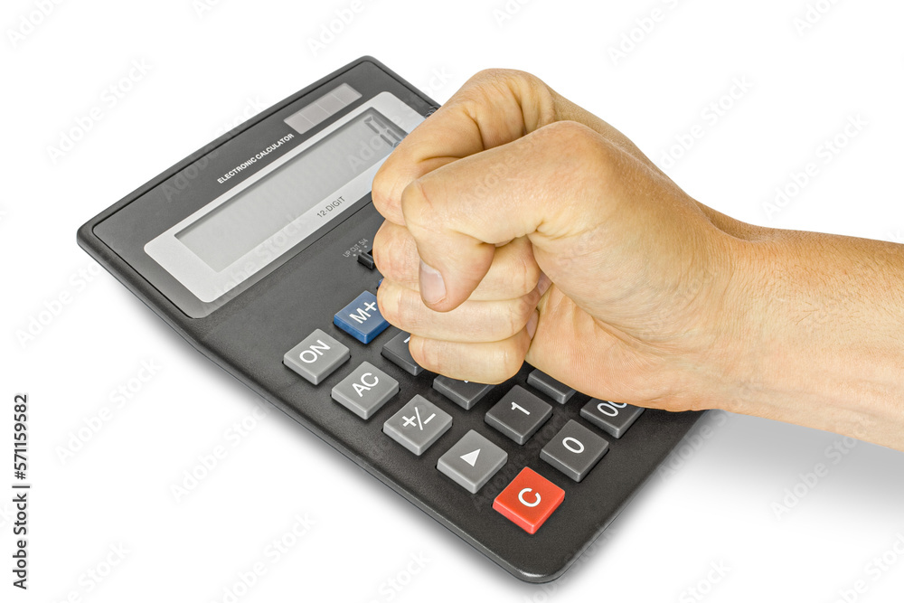 Man strikes a fist on the calculator. Finance concept. png transparent Man strikes a fist on the calculator. Finance concept. png transparent