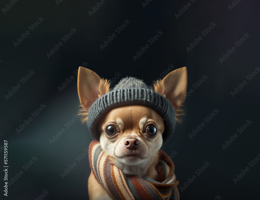 Close-up portrait of dog chihuahua wearing scarf and hat. The muzzle of a dog with eyes, long mustache, black nose. Muzzle of a dog Generative AI.
